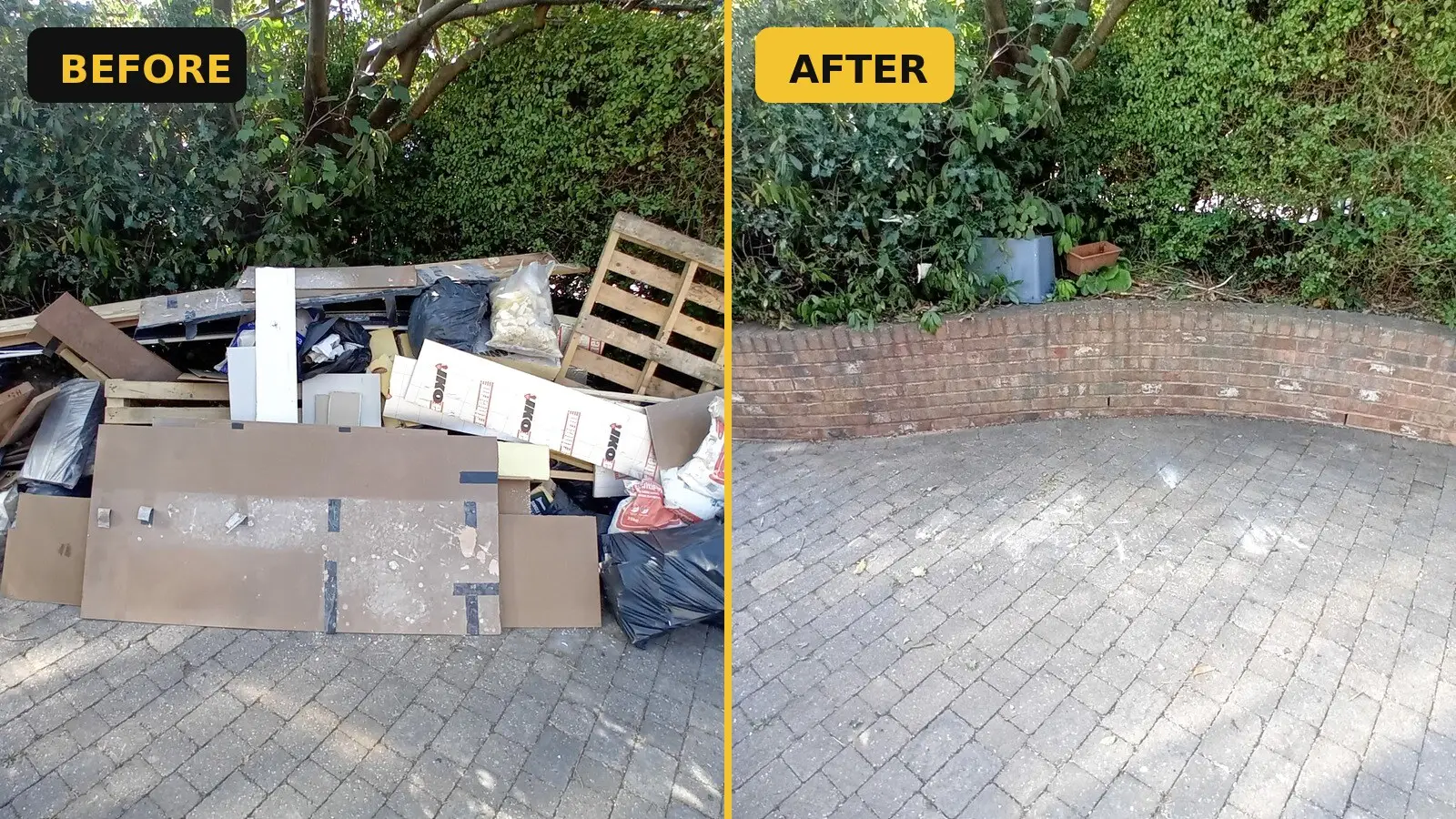Before and after renovation waste clearance on a Sheffield driveway by PAV Recycle